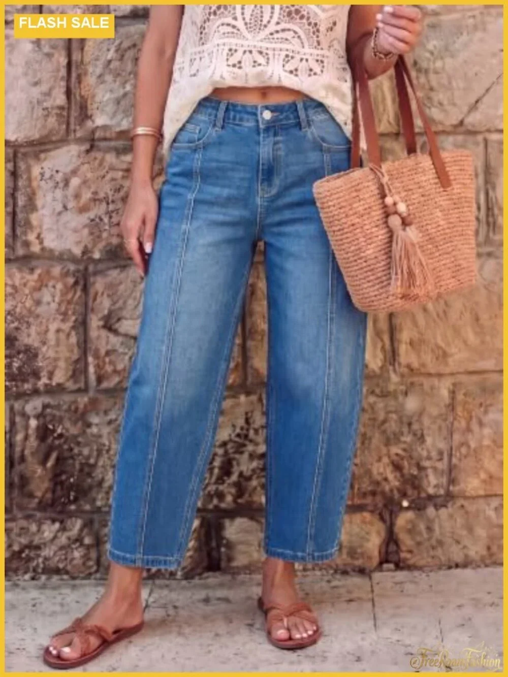 Women's Mid Rise Barrel Jeans Cropped Wide Leg Stretchy Denim Pants Y2K